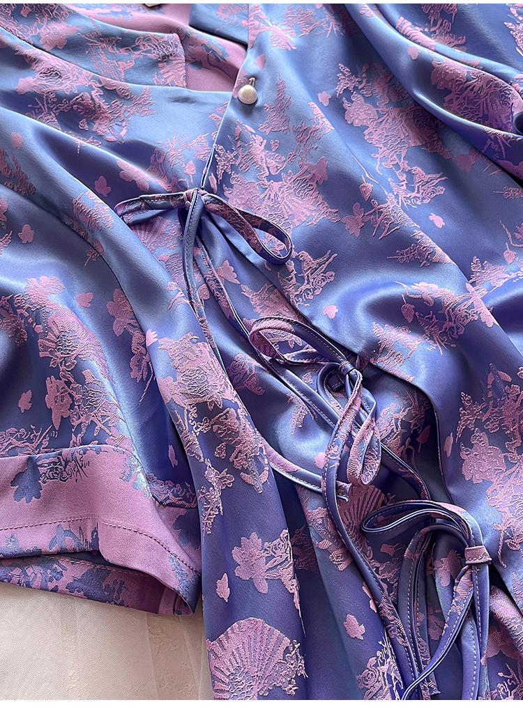 New Women's Spring/Summer Jacquard Silk Pajamas Set with Frog Buttons - National Style Mulberry Silk Thin Home Wear.