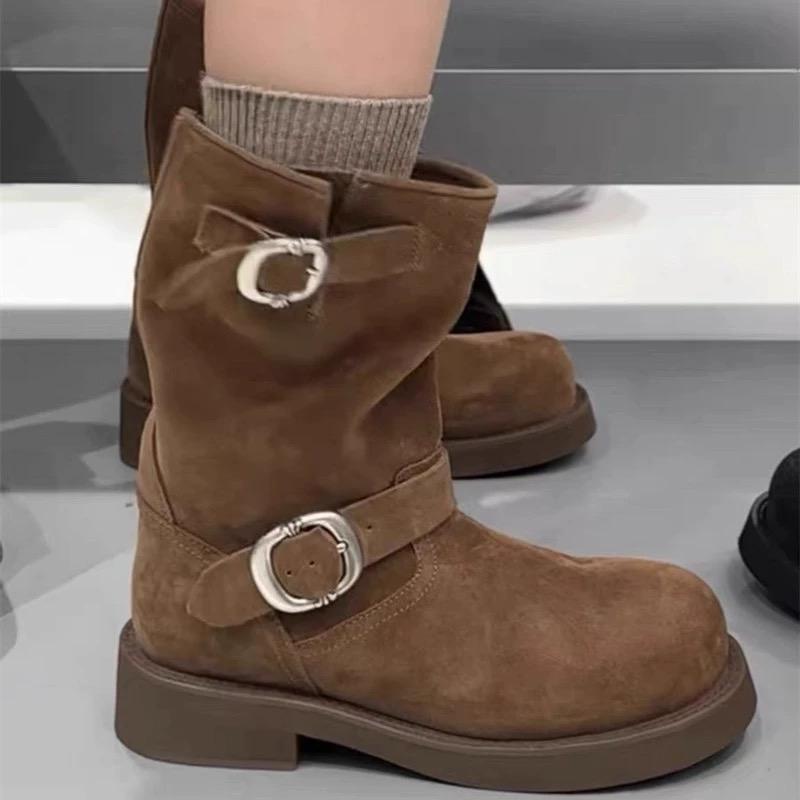Зимние Горячие Продажи Женские Сапоги 2024 Высокое Качество Однотонные Круглый Носок Замшевые Пряжка Толстый Каблук Женские Короткие Модные Сапоги