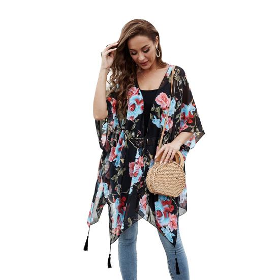 Летний пляжный халат с цветочным принтом Быстросохнущий декор с кисточками Солнцезащитный крем Свободный пончо Купальник Открытая пляжная одежда Кардиган Нерегулярный отдых