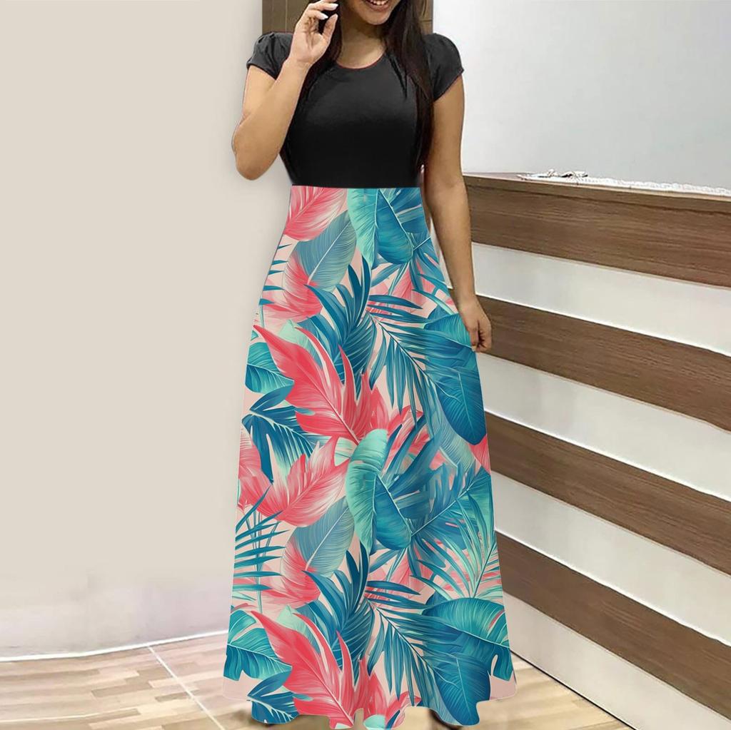 Женская мода повседневные свободные принтованные платья с круглым вырезом и коротким рукавом длинные платья с коротким рукавом длинные платья