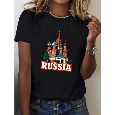 Европейские размеры Женские Свитер в русском стиле. Футболка Собор Василия Блаженного Черная Сувенирная Топ с Принтом Московской Достопримечательности, Кириллическим Текстом и Знаковыми Красными Куполами