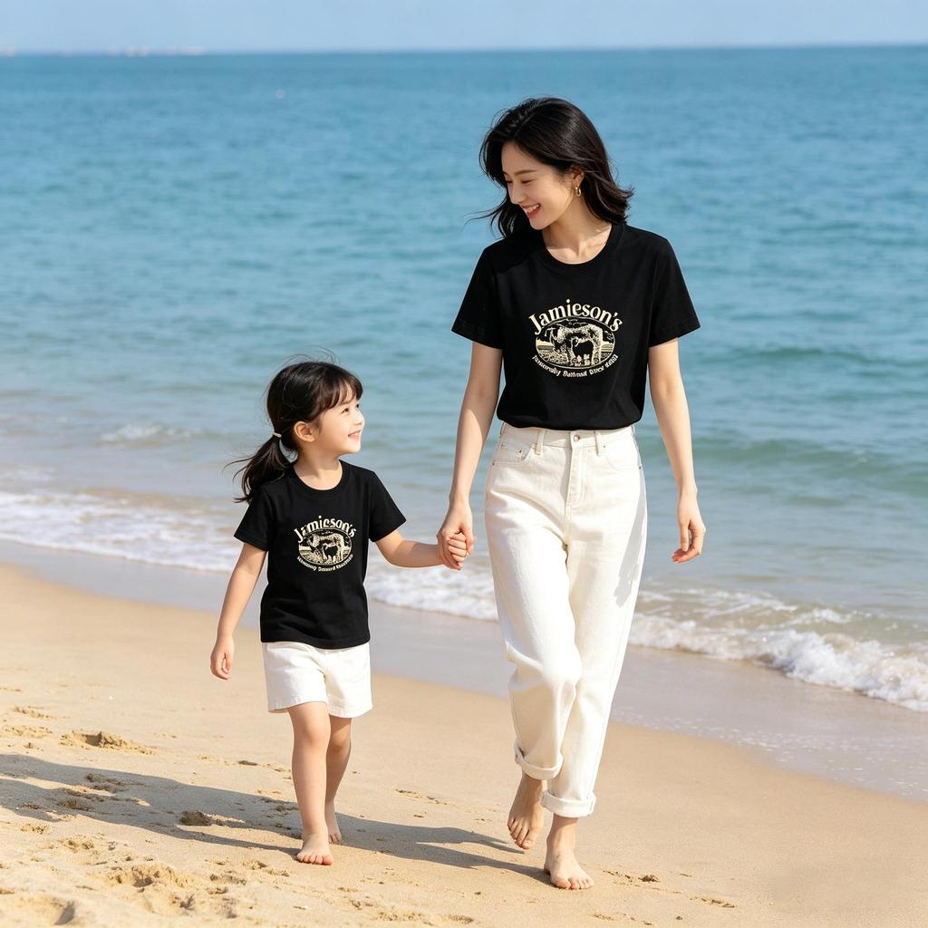 100% Cotton Lamb Print Mother-Daughter Matching Short Sleeve T-Shirt - Round Neck, Casual Top