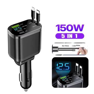 НОВОЕ 5-в-1 150 Вт Выдвижное автомобильное зарядное устройство Кабель USB PD Type C для мобильного телефона для iPhone Быстрая зарядка Шнур Адаптер прикуривателя Автоаксессуары