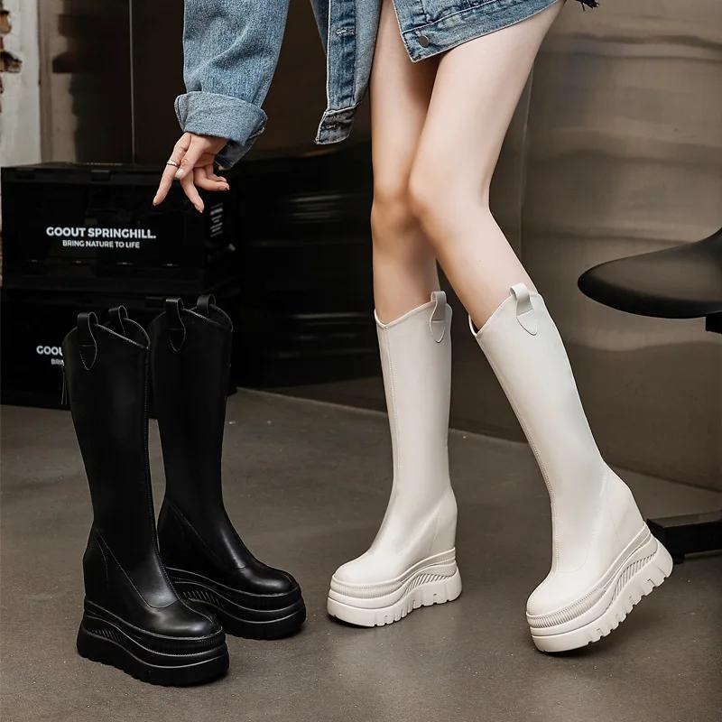 Мода 12 см Микрофибра Кожа Платформа Танкетка До Колена Ботильоны Женские Осенние Слипоны Весенние Труба Скрытый Каблук Поверх Обуви