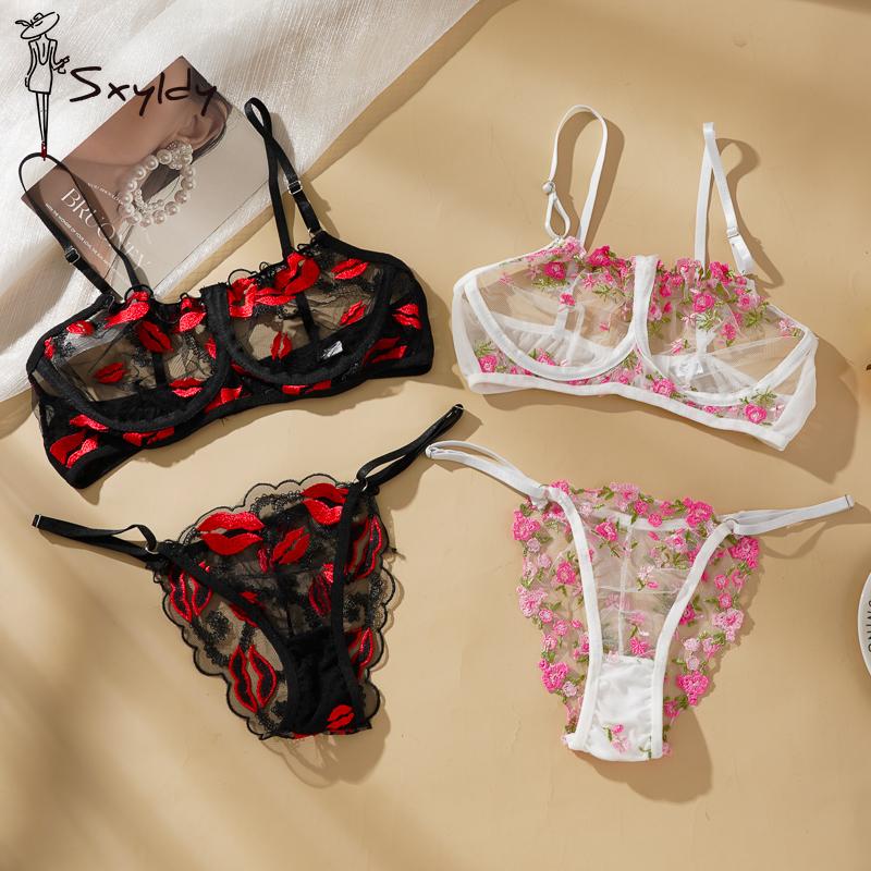 Французские Сладкие Сексуальные Сетчатые Комплекты Бюстгальтеров Красивая Цветочная Вышивка Цветочные Стринги
