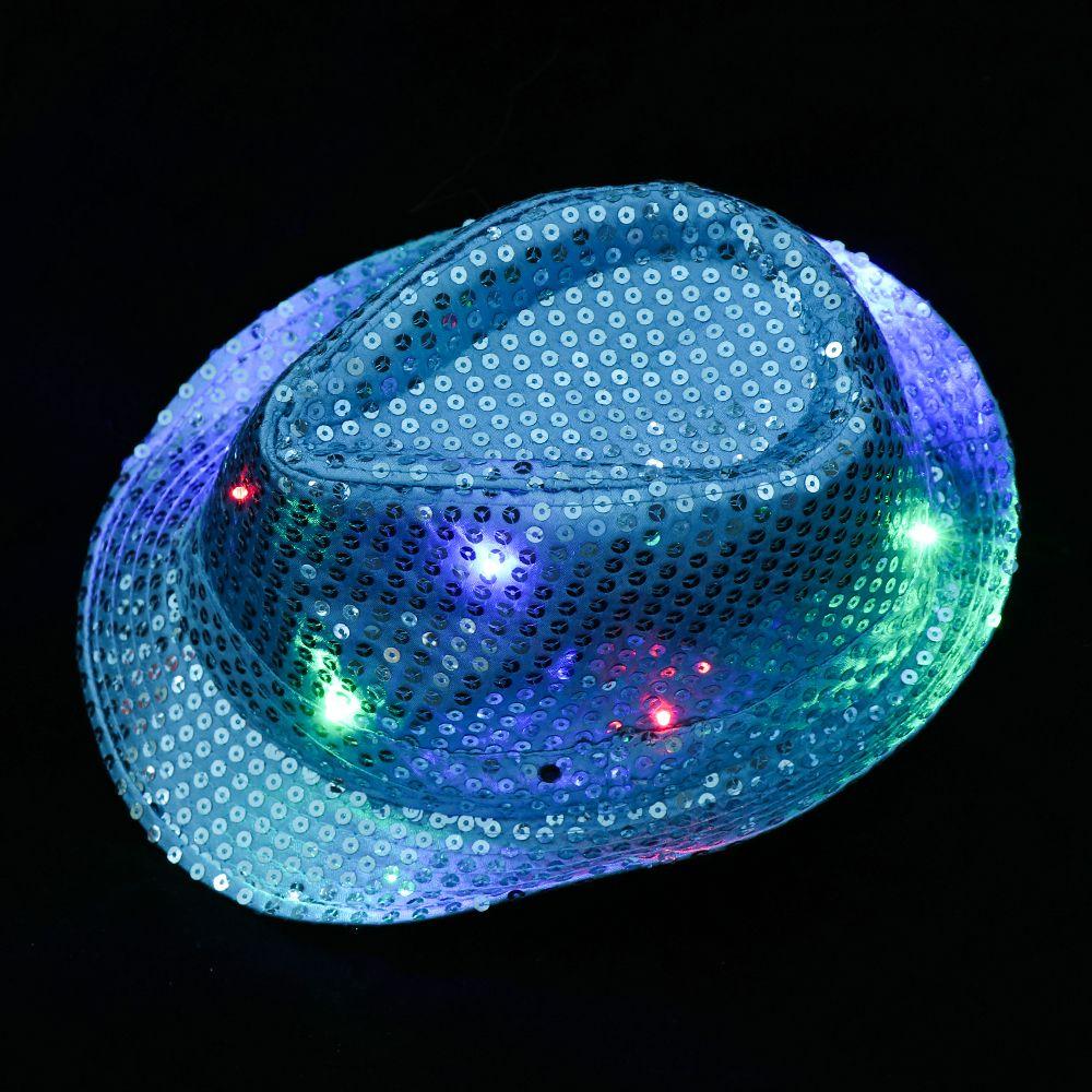 Унисекс Платье Танцевальная Вечеринка Светящаяся Джазовая Шляпа Светодиодная Федора Трилби Панама с Пайетками