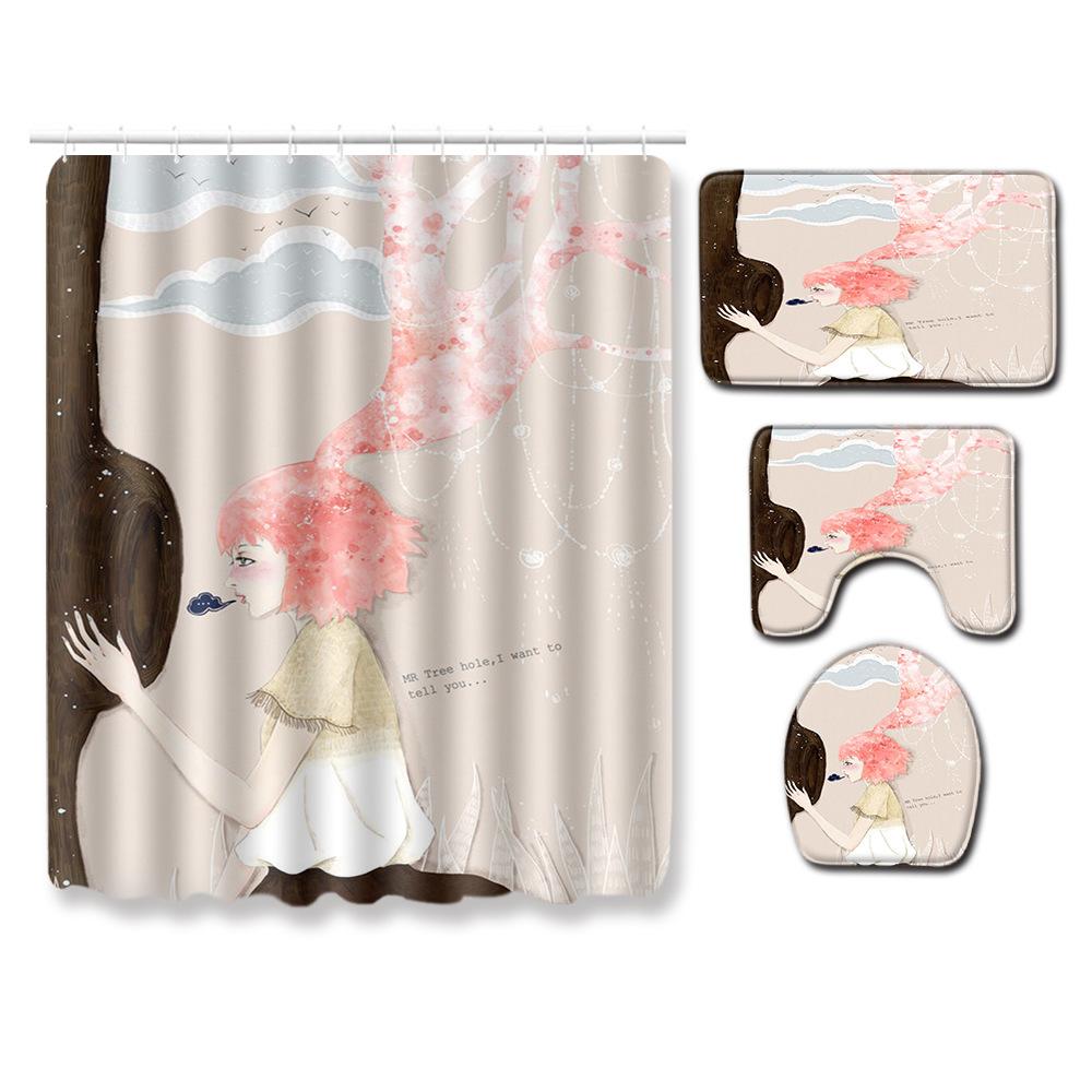 Healing Tree Hole Bathroom Shower Curtain Floor Mat Toilet Cover Foot Mat Four-Piece Set