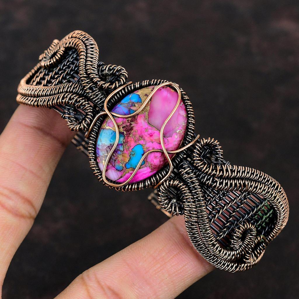 Браслет-манжета Kingman Pink Dahlia Turquoise с драгоценными камнями, браслет-манжета из проволоки, ручная работа, ювелирные изделия из медной проволоки, регулируемый браслет, подарок