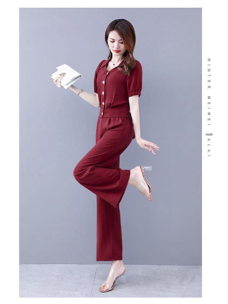 Модный женский летний шифоновый костюм-двойка 2025 - стильный омолаживающий комплект из рубашки и брюк для весны