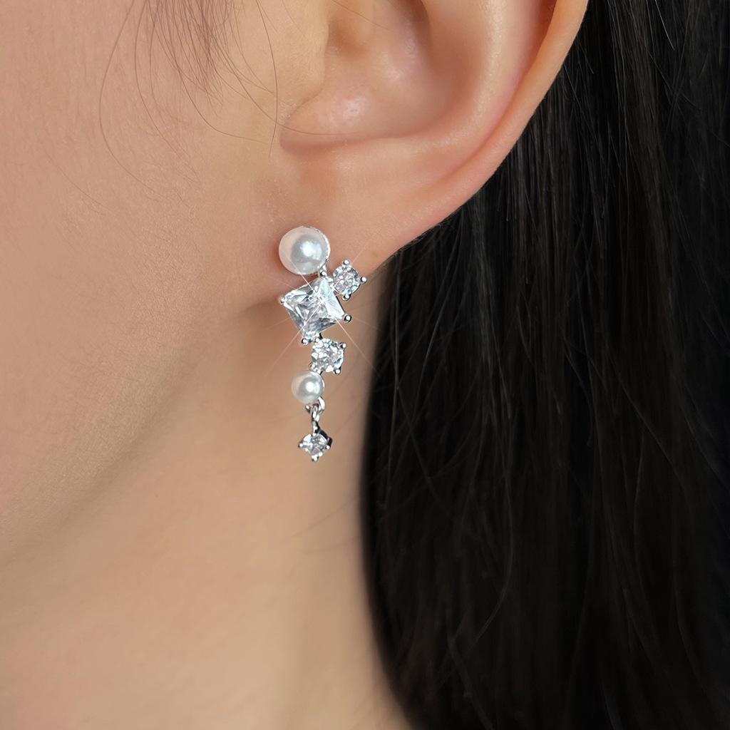 Gold-Plated French Pearl Tassel Earrings with Geometric Zircon Design for Women