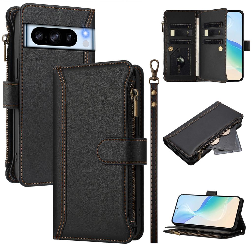For Google Pixel 8 Pro Leather Case 9 Card Slots Zipper Wallet Stand Phone Cover with Wrist Strap