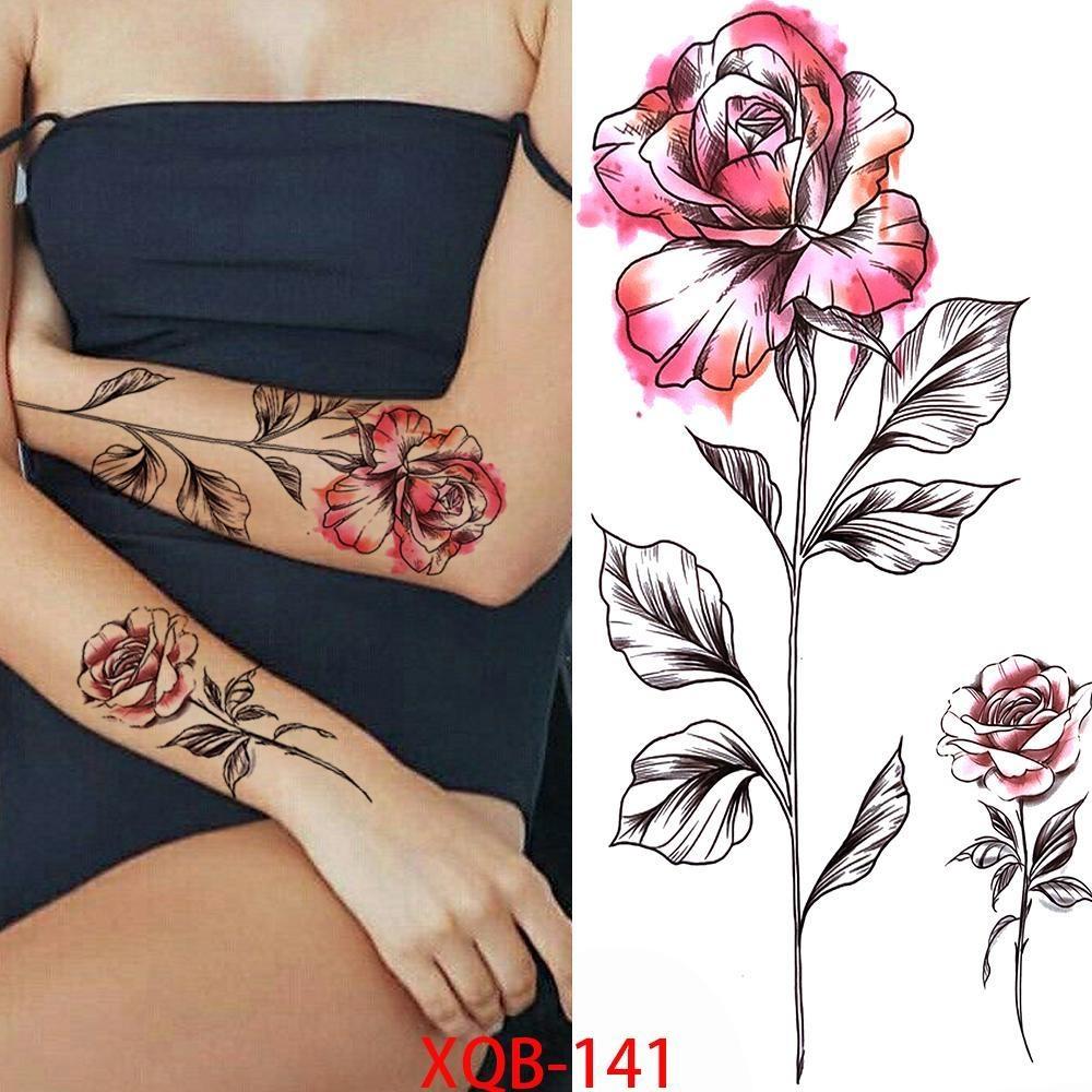 NEW 1 PC 210*114MM Cherry Blossom Fake Temporary Tattoo For Women Girl Watercolor Rose Flower Tattoos Flora Branch Chest Back Tatoo Paper Stickers