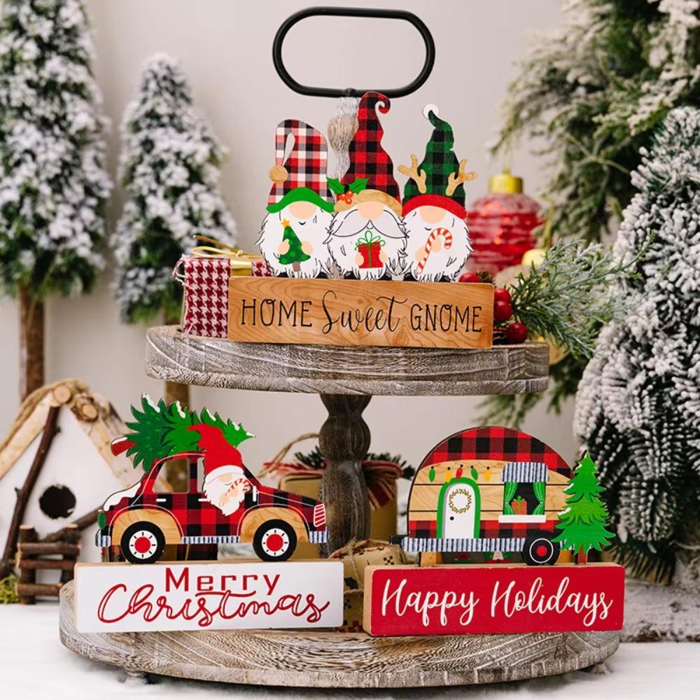 2Pcs DIY Christmas Desktop Ornaments Cartoon Table Centerpiece Santa Wood Plaque Signs New Years