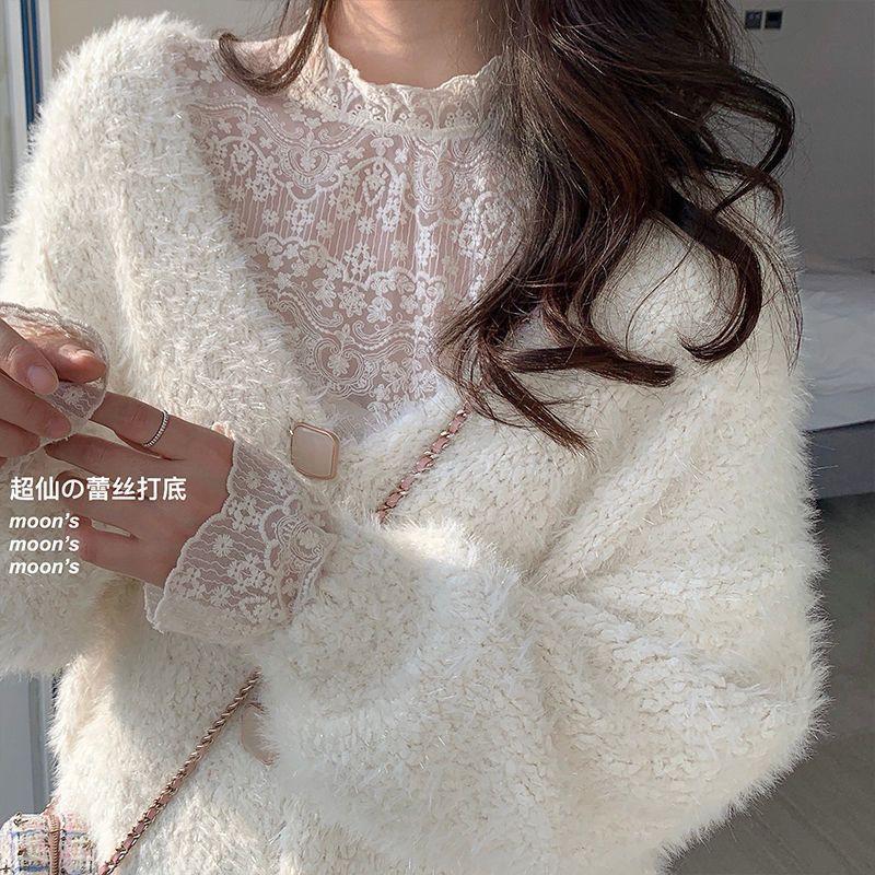 Весна Осень Футболка с кружевным низом и воротником-стойкой Женская Сладкая С длинным рукавом Сетчатая Универсальная Пуловер Футболка Топ