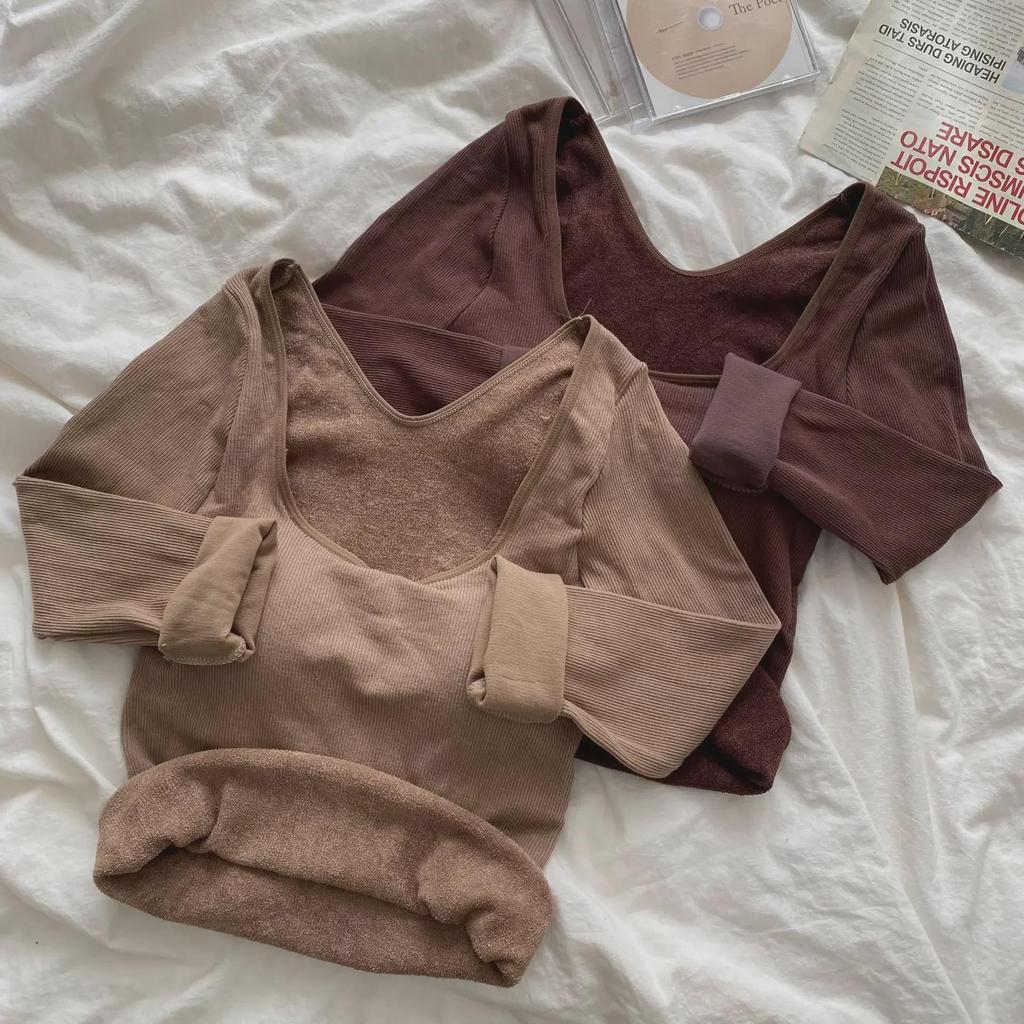 Женский облегающий топ из бархата с начесом и U-образным вырезом, длинными рукавами, для осени и зимы