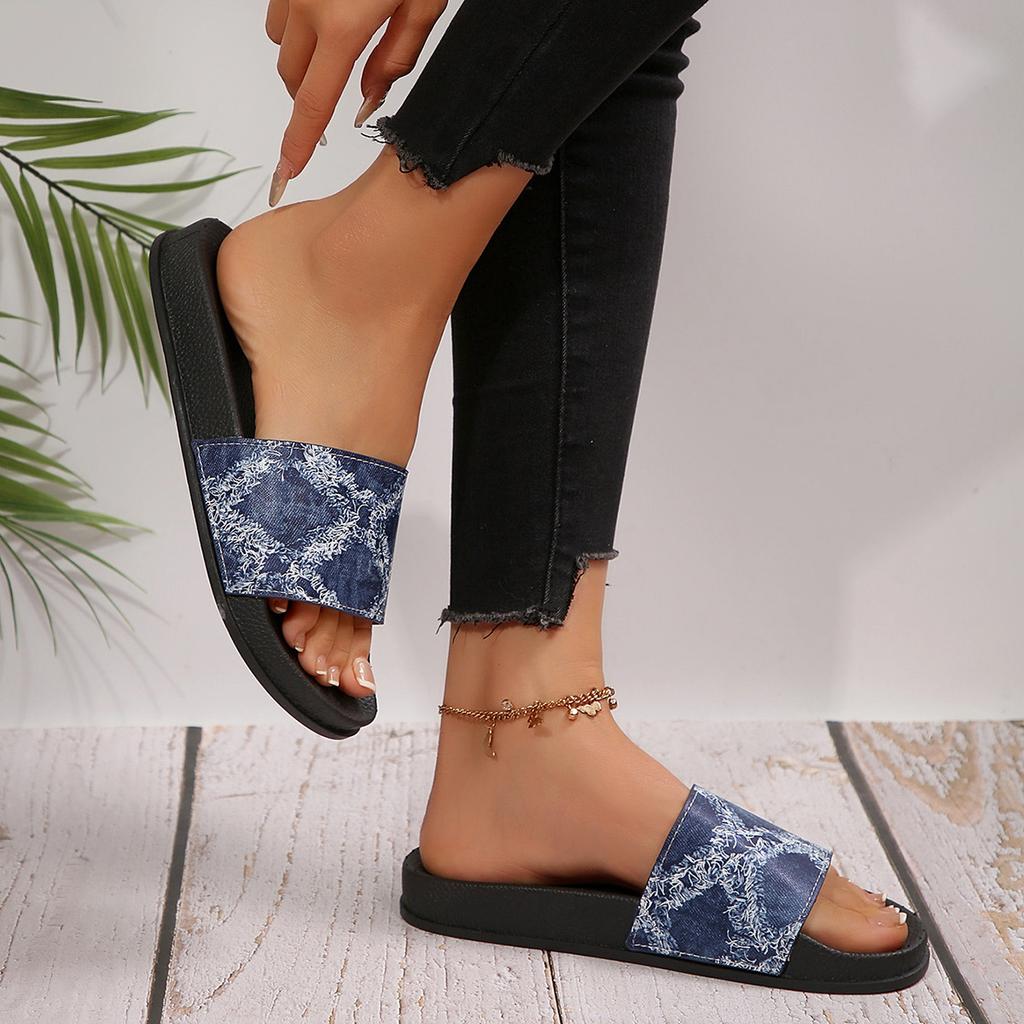 Fashion 2025 New Women's Oversized Printed Flip-flops Denim Open-toe Beach Sandals
