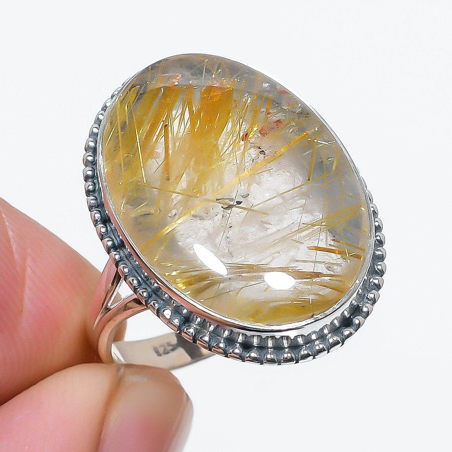 Natural Golden Rutile Gemstone Handmade 925 Solid Silver Jewelry Ring S.9 I0t39