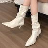 Pointed Toe Women High Boots Mid Heels Sexy Shoes Leather Mid Calf Winter New Botas Women 2024 Trend Pumps Fashion Botas Mujer
