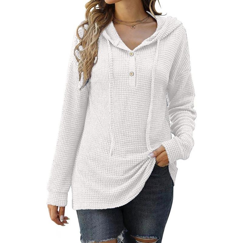 Autumn Winter Women's Loose Sports Knit Sweater, Long Sleeved Button Up Hooded Sweater