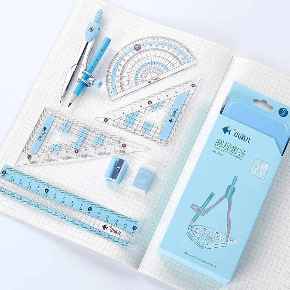 8Pcs/Set Metal Box Ruler Compass Set Multi-Function Drawing Stationery  Students Gifts