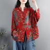 Spring Autumn Traditional Ethnic Style Floral Printed Cotton Linen Three Quarter Sleeves Shirt Women Retro Stand Collar Casual Loose Cardigan