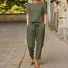 Women's Cotton and Hemp Summer Matching Set Half Sleeve Round Neck Oversized Hoodie Wide Leg Pants Retro Set