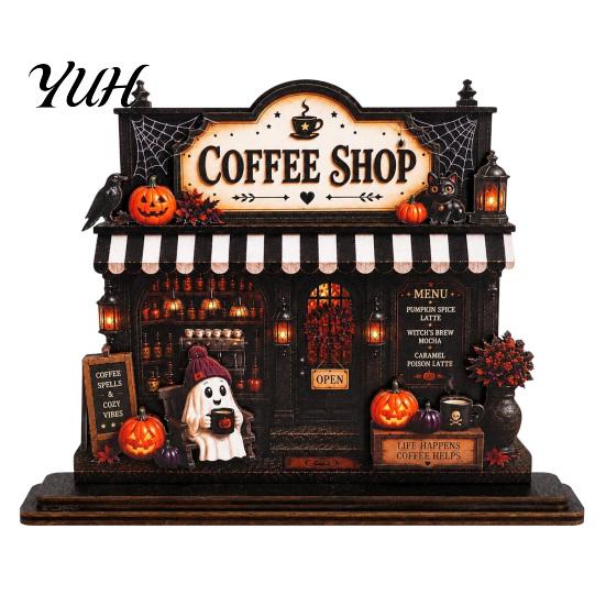Retro Style Coffee Corner Signs Wooden Halloween Bar Sign, Fall Harvest Tabletop Decor Plaque with Pumpkin Decorative Ghost Cat, Shop Ornament