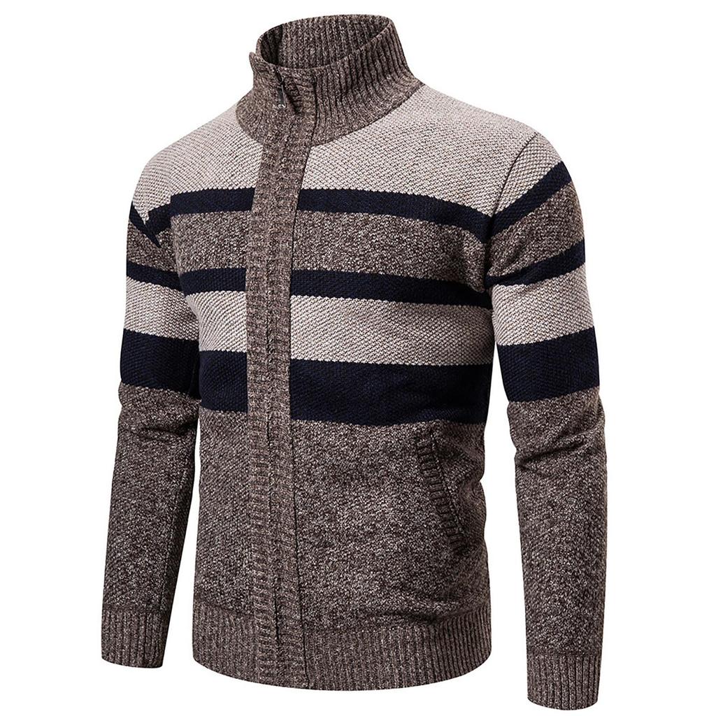 Men's Trendy Striped Long Sleeved Sweater Outdoor Stand Collar Sports Cardigan Sweater
