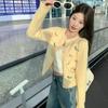 Женский желтый короткий кардиган с мультяшным узором, круглым вырезом, однобортной застежкой на пуговицы, женские свитера, осенний новый тренд, модный женский вязаный топ