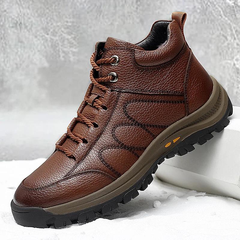 Fashion Italian Genuine Leather Men Casual Shoes Luxury Brand Fashion High Top Sneakers Shoes Winter Warm Men Outdoor Non-Slip Boots