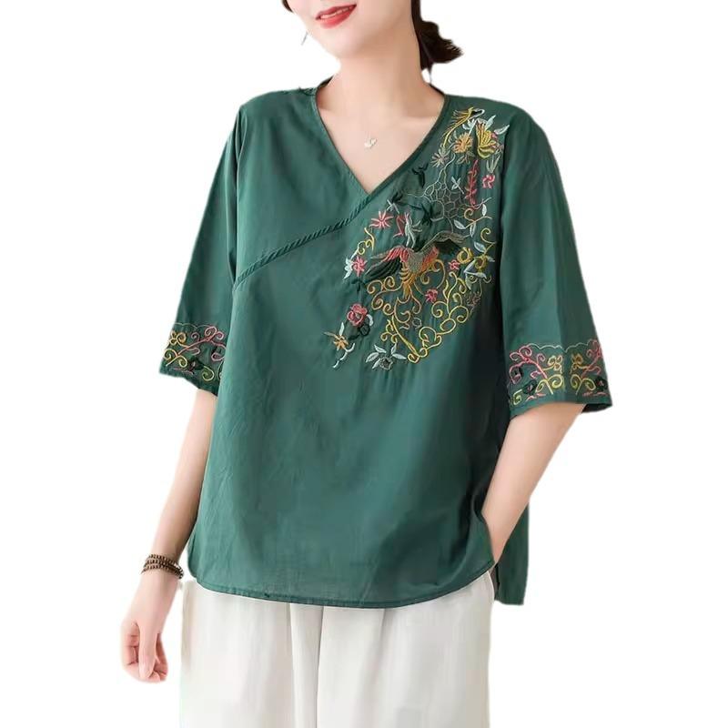 Вышитая рубашка в китайском стиле для женщин, литературный ретро летний новый хлопковый свободный вышитый топ с рукавом пять четвертей для женщин