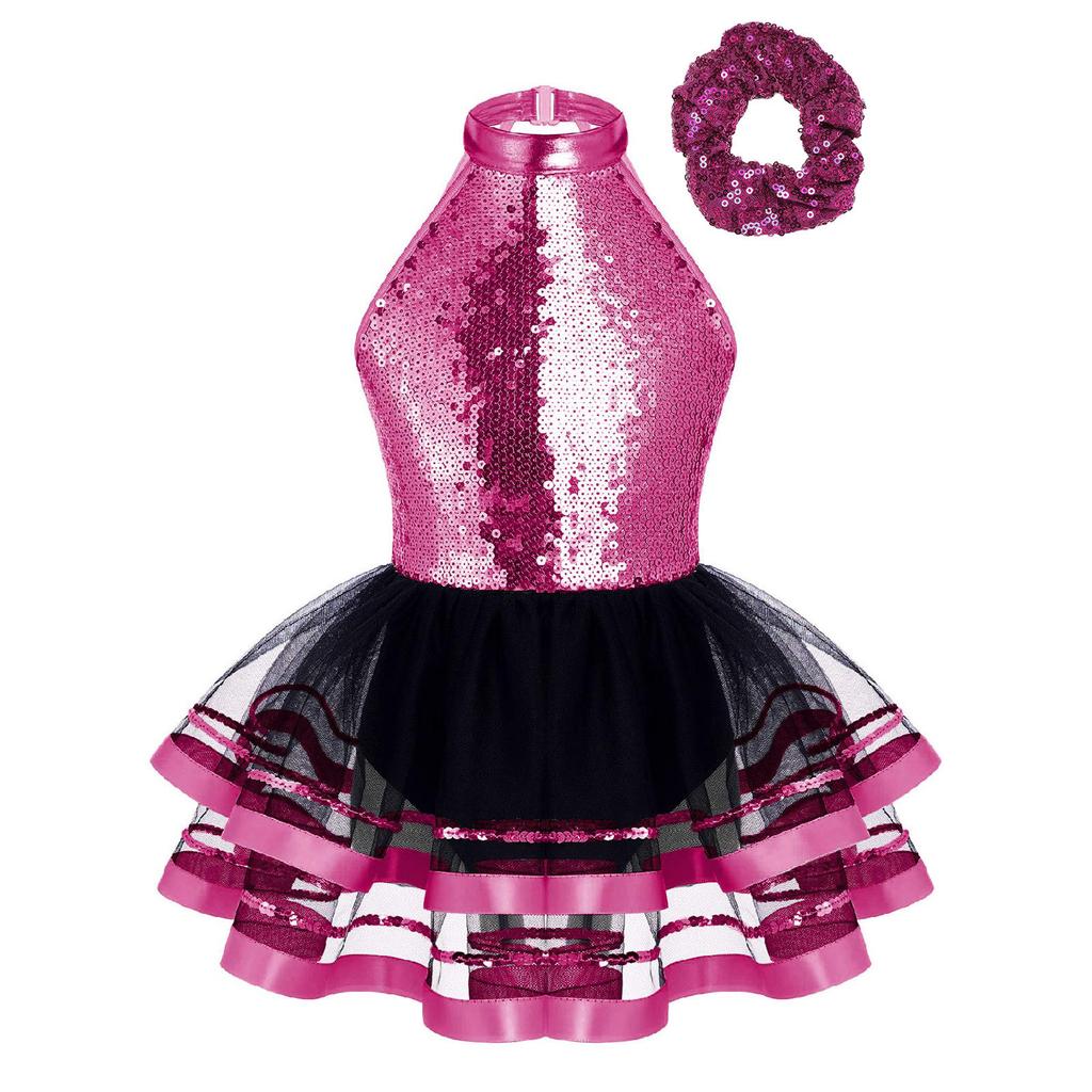 Костюм для танцев для девочек, топ-халтер без рукавов с открытой спиной, платье-пачка, украшенное блестящими пайетками, комплект с головным убором