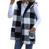 Sleeveless Cardigan Open Front Hooded Plaid Pattern Plain Black Double Sided Plush Loose Long