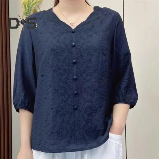 Women Shirt V-neck Half Sleeve Embroidery Floral Pattern Loose Fit Tops Solid Color Casual Blouse Daily Wear