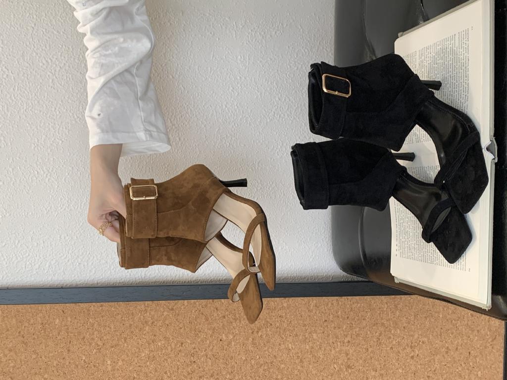 Retro Belt Buckle Back Zipper Fashion Sandals Femininity Word with Square Head High Heel Fashion Short Boots