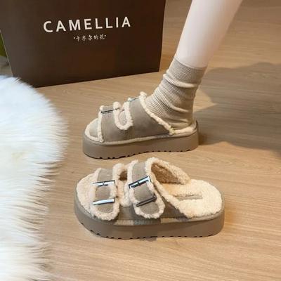 Мода 2024 года, осень, новые плюшевые женские тапочки, модные теплые домашние туфли с открытым носком на толстой подошве, удобные женские тапочки