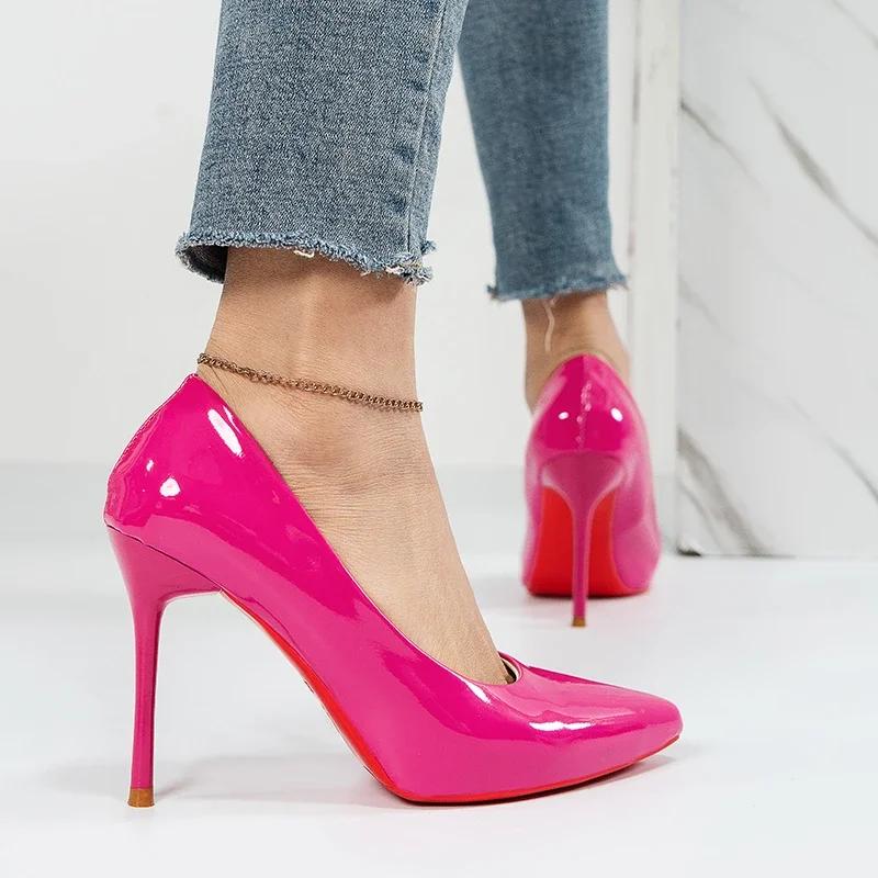 Сексуальные черные модные туфли-лодочки на высоком каблуке на тонком каблуке, туфли из лакированной кожи с красной подошвой, туфли-лодочки на высоком каблуке для свадебного банкета, большие размеры 43