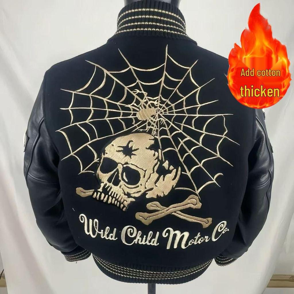 Американская кожаная бейсбольная куртка с воротником-стойкой, приталенная, с изображением черепа и рыцаря