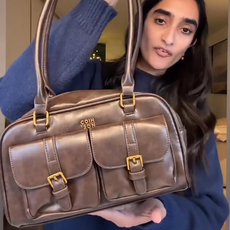 Women's Vintage Bowling Bag Multi-pocket Large Capacity Shoulder Bag Fashion New Underarm Bag Casual And Versatile Handbag