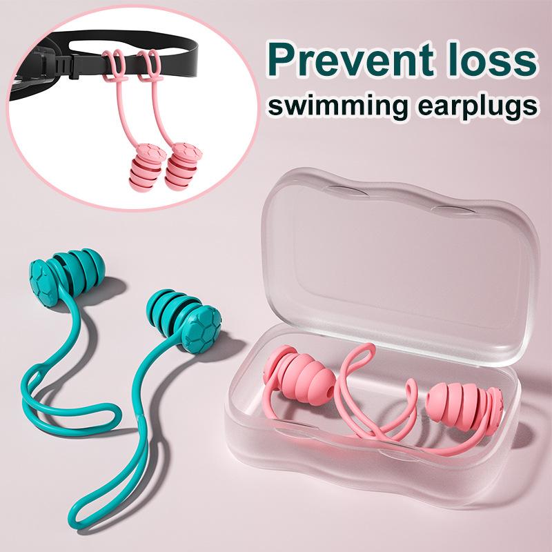 Swimming Earplugs With Rope Waterproof 3-Layer Noise Cancelling For Swim Sleep Ergonomic Design With Lanyard Tether Anti-Loss