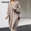 Autumn and Winter Women's V-neck Knit Sweater Mid-length Loose Sweater Pullover Sweater Dress