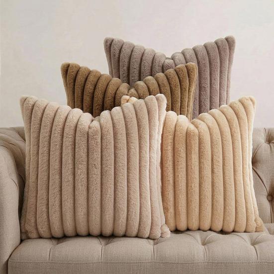 Imitation Rabbit Fur Pillowcase, Soft Plush Vertical Strip Design Throw Pillow Case, Decorative Cushion Cover for Sofa Bed Chair