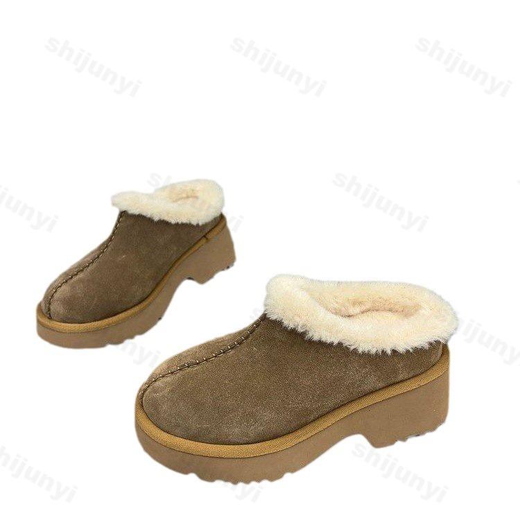 Тапочки из хлопка и меха на высоком каблуке, женская обувь 2024 года, новые дизайнерские замшевые теплые зимние сапоги, зимние повседневные короткие плюшевые тапочки