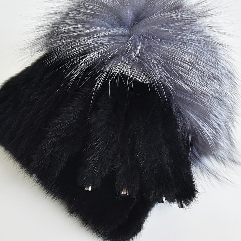 Natural Mink Fur Hats for Women Winter Hand Woven Fur Tail Fox Fur Knit Caps Fashion Design Warm Female Ski Beanie