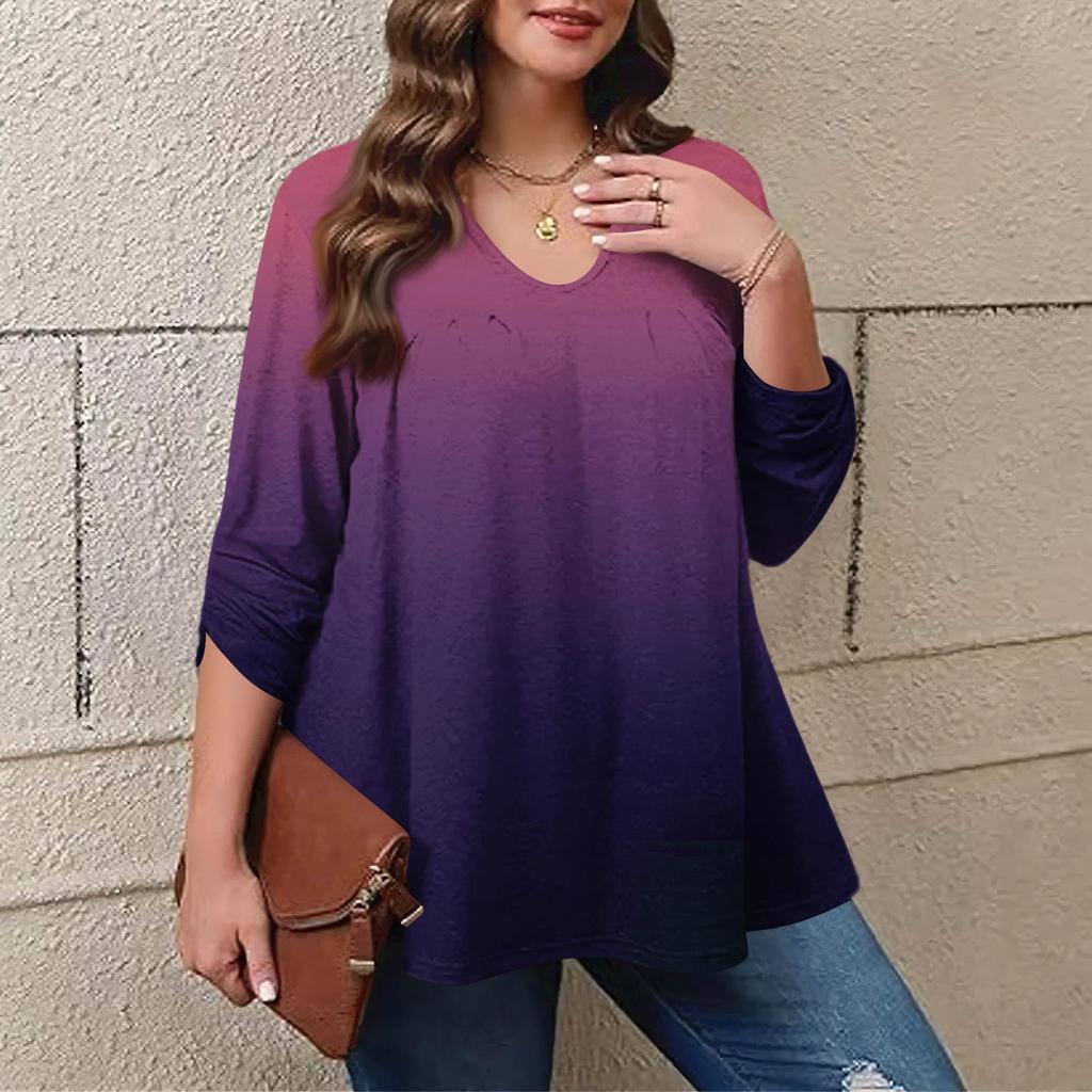 Women's Plus Size Fashion Printed Casual Pleated Round Neck Long Sleeve Top