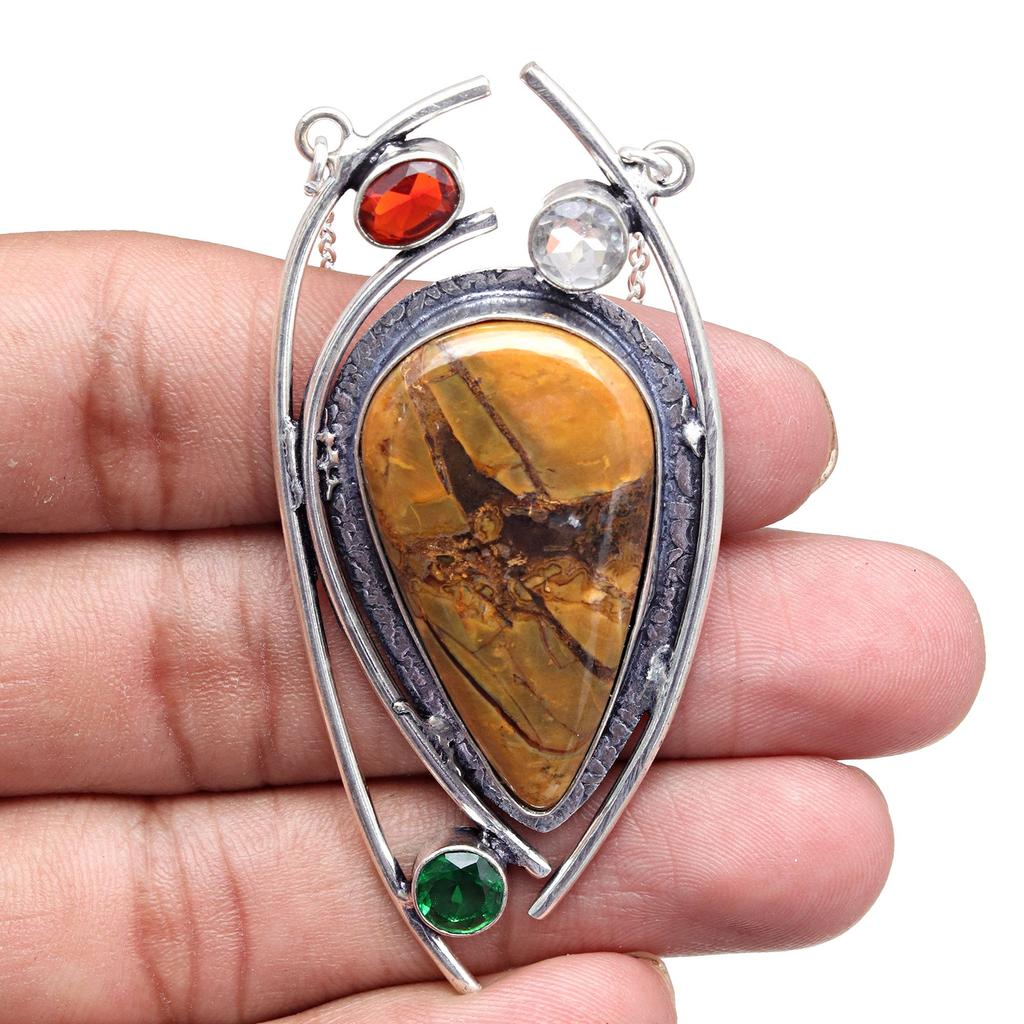 Yellow Jasper Emerald Gemstone Mother's Day Silver Jewelry Necklace 20 in