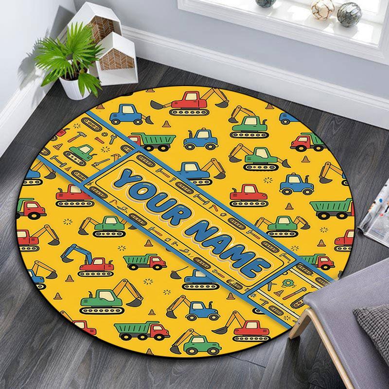 Custom Name,Truck Ribbon Label Doodle Series pattern round rug,Carpet Rug for Living Room Bedroom Playroom ,Non-slip Floor Mat,Holiday Gifts and Birth