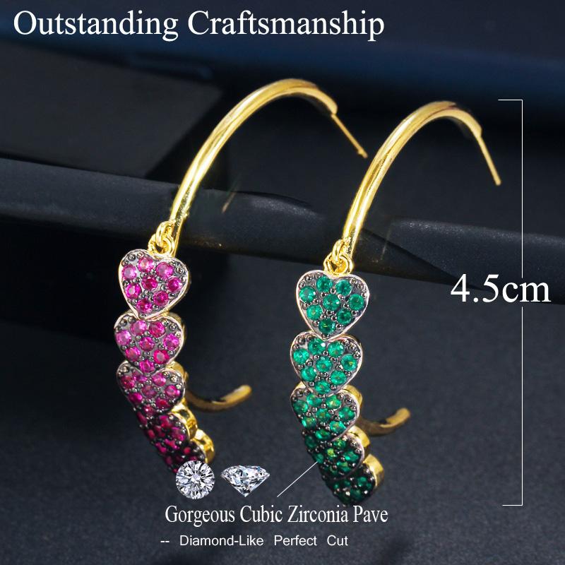 WWJ Серьги-кольца розового, красного, зеленого цвета с цирконием в форме сердца в форме сердца золотого цвета