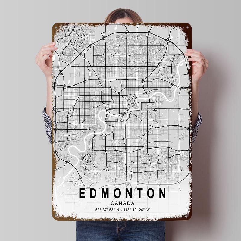 Edmonton Light City Map Poster Customized Vintage Metal Signs Wall Art Retro Tin Plaque for Living Room Decorations Custom Plate