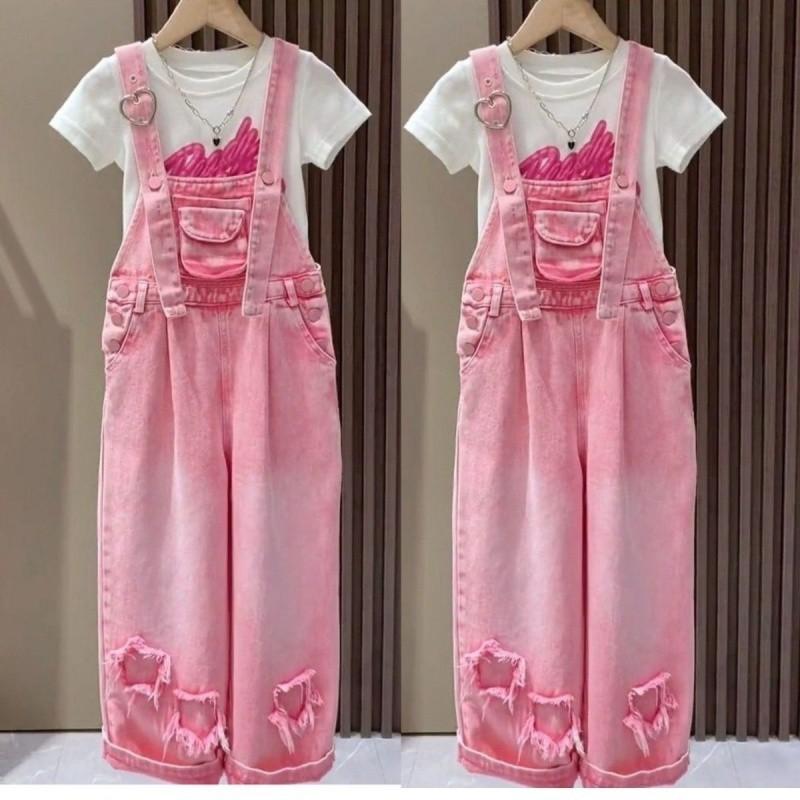 Очаровательные летние наряды для девочек, комплект джинсовых комбинезонов свободного кроя с красочной футболкой